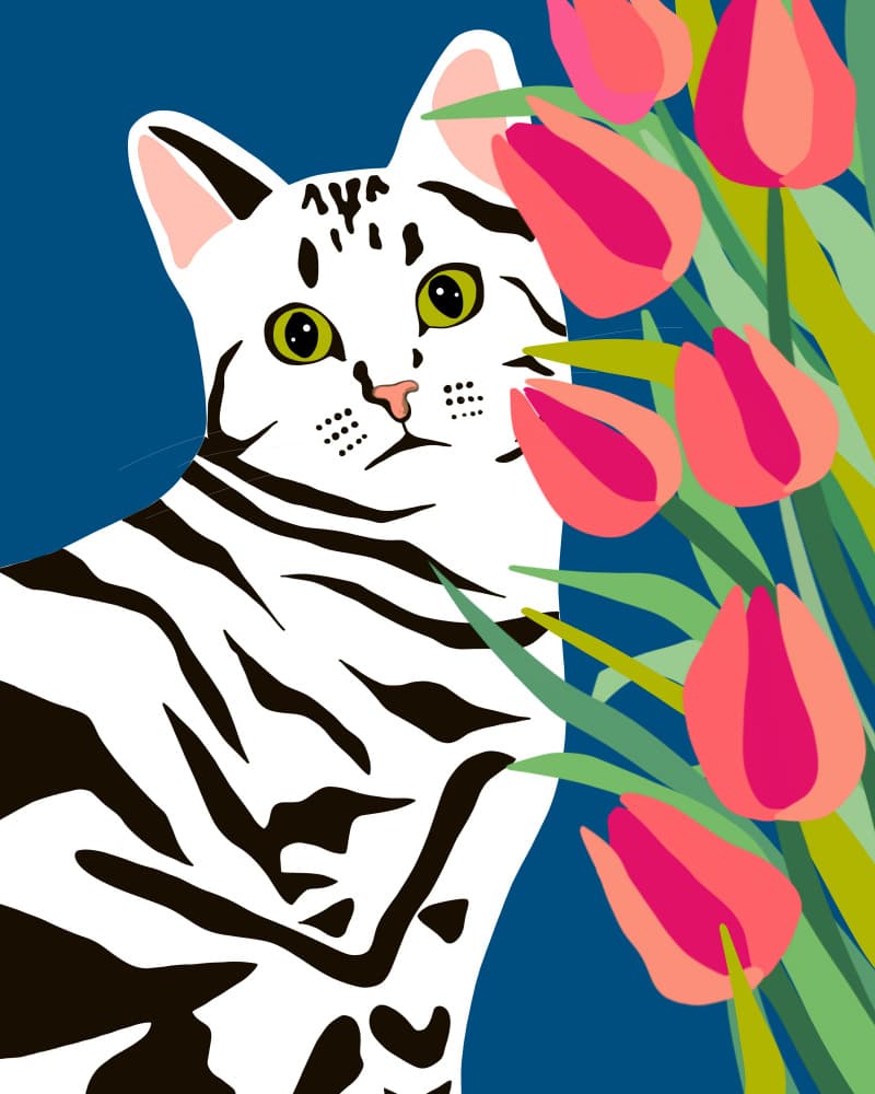 White Cat and Tulips by Uma Gokhale — canvas wall art