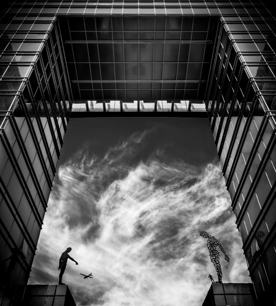 Skyscraper Figures Airplane Flight by Tomer Eliash — canvas wall art