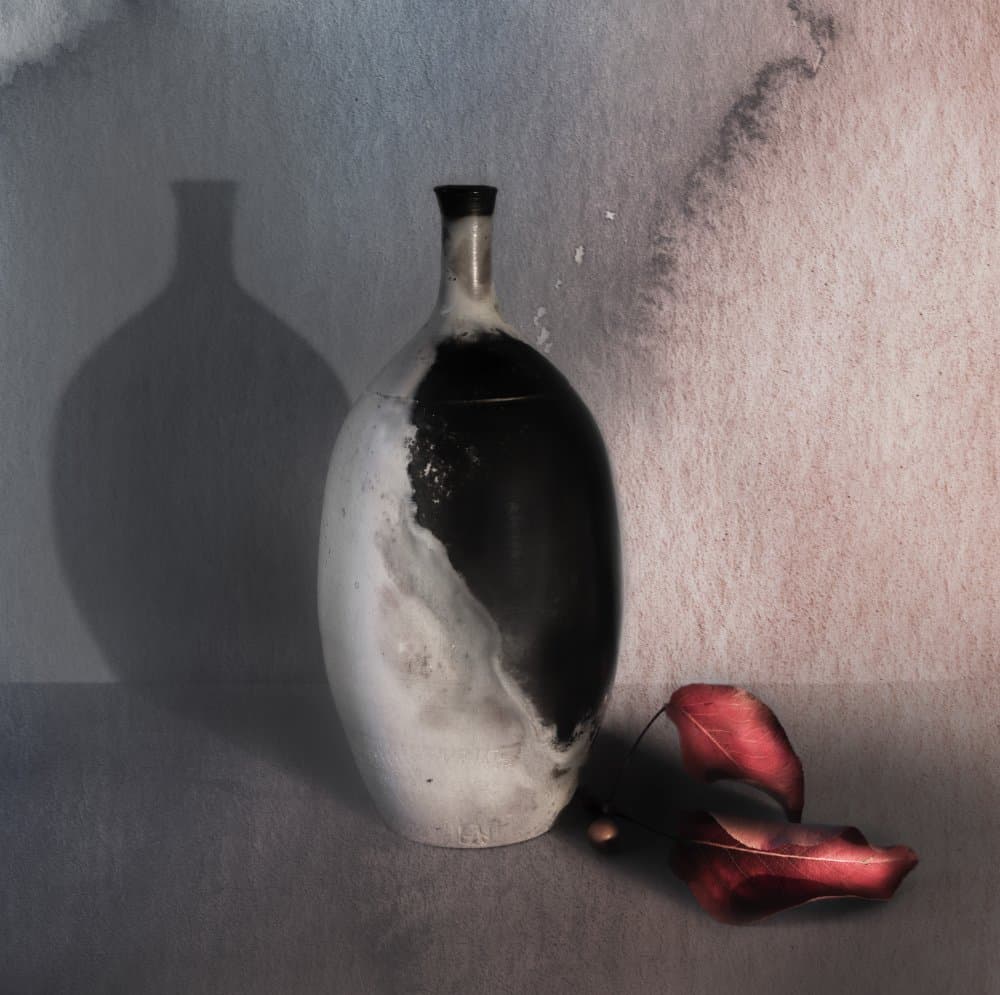 Black Vase Red Leaves by Judy Tseng — canvas wall art