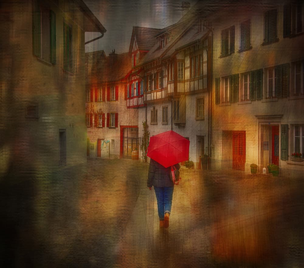 Red Umbrella Old Town by Anette Ohlendorf — canvas wall art