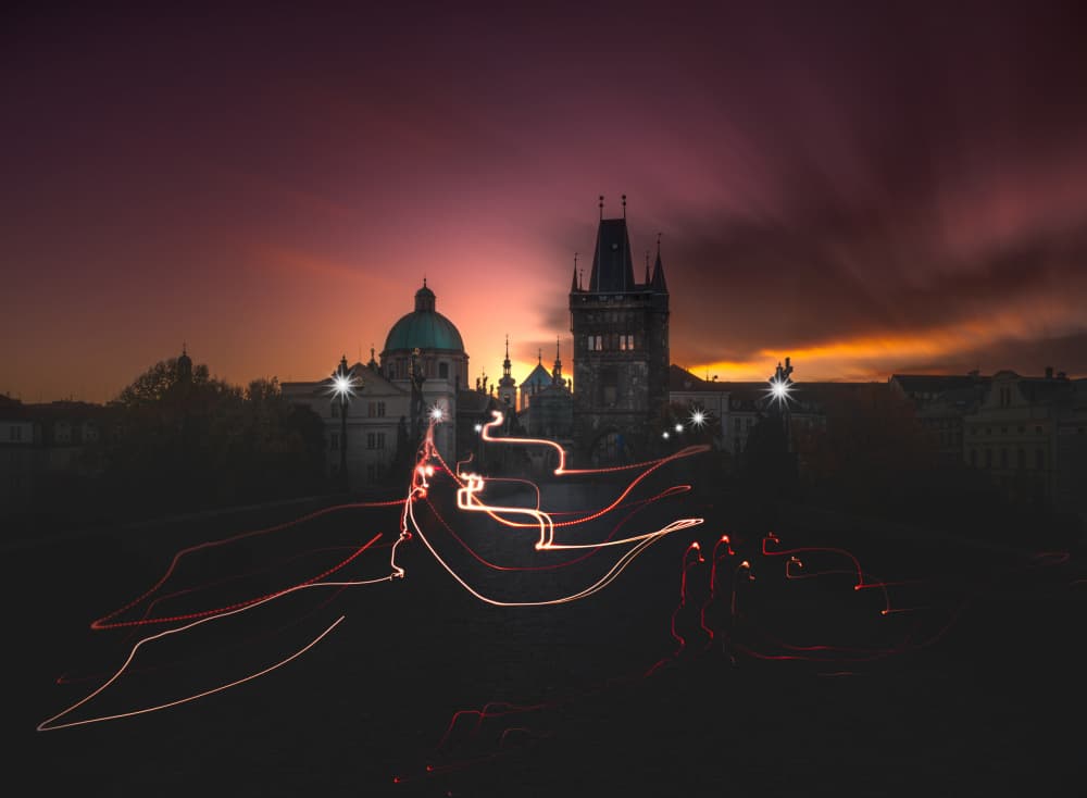 Prague Evening Light Trails by Larry Deng APA — canvas wall art