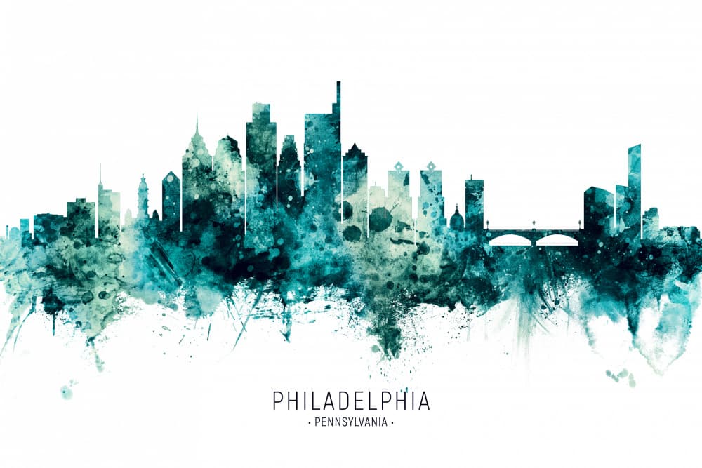 Philadelphia Skyline Watercolor by Michael Tompsett — canvas wall art