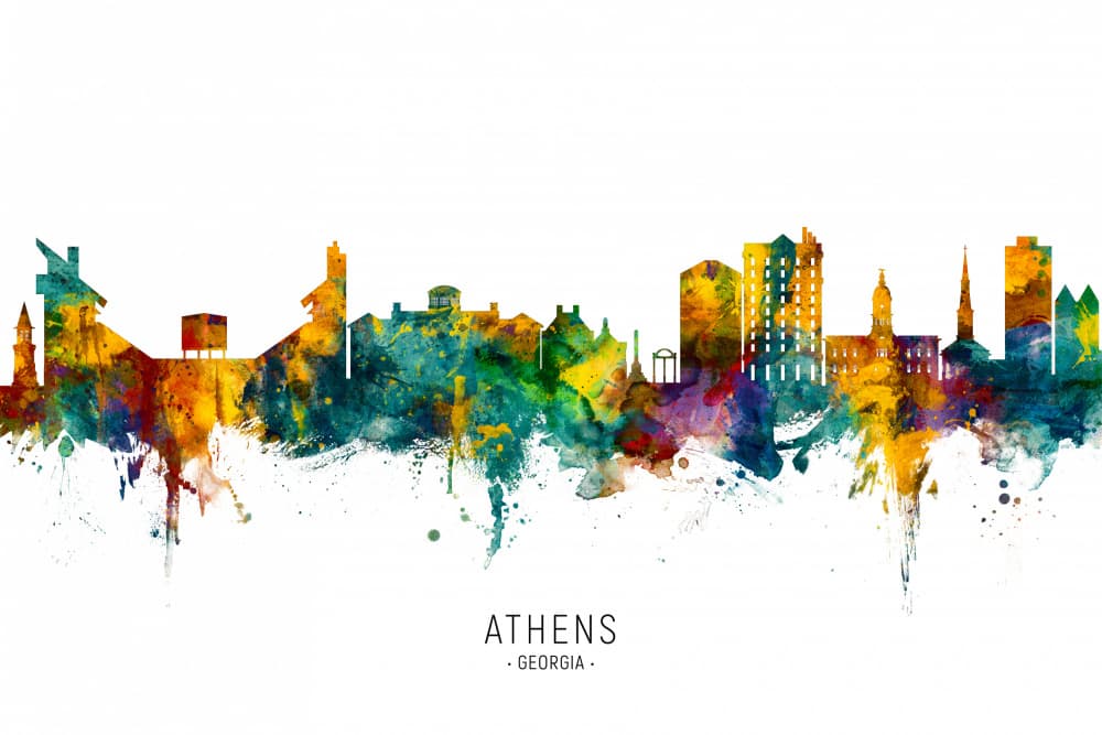 Athens Georgia Skyline Watercolor by Michael Tompsett — canvas wall art