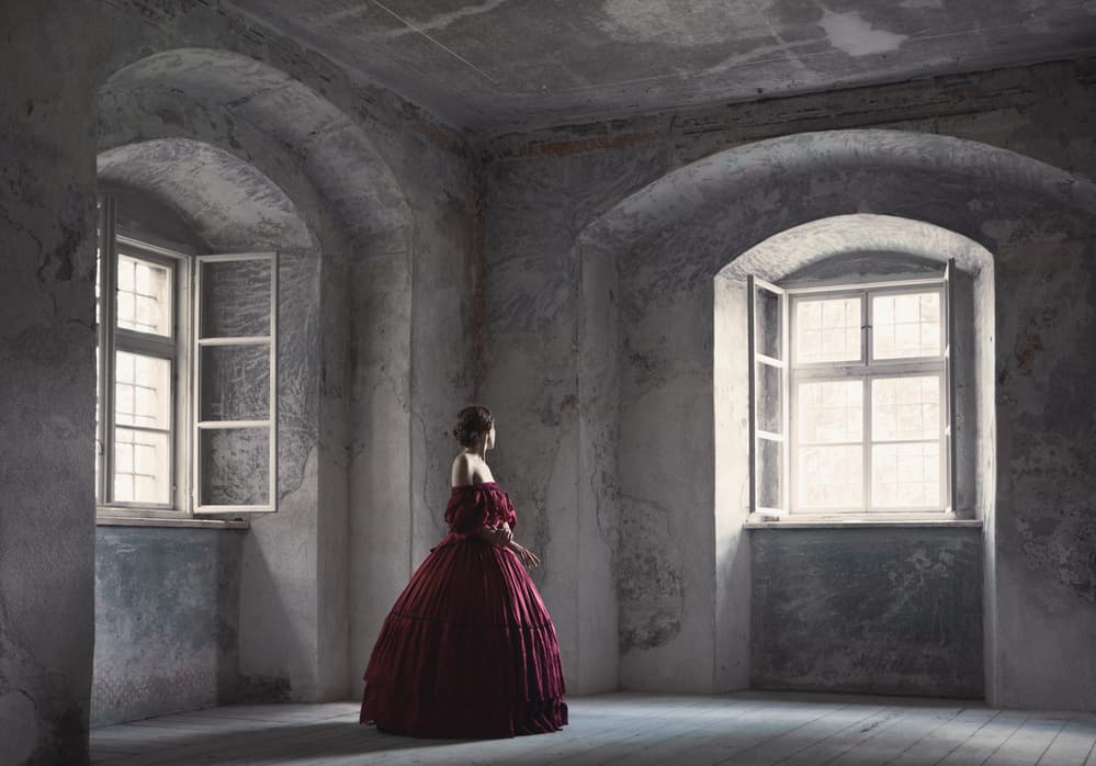 Red Gown in Old Room by Magdalena Russocka — canvas wall art