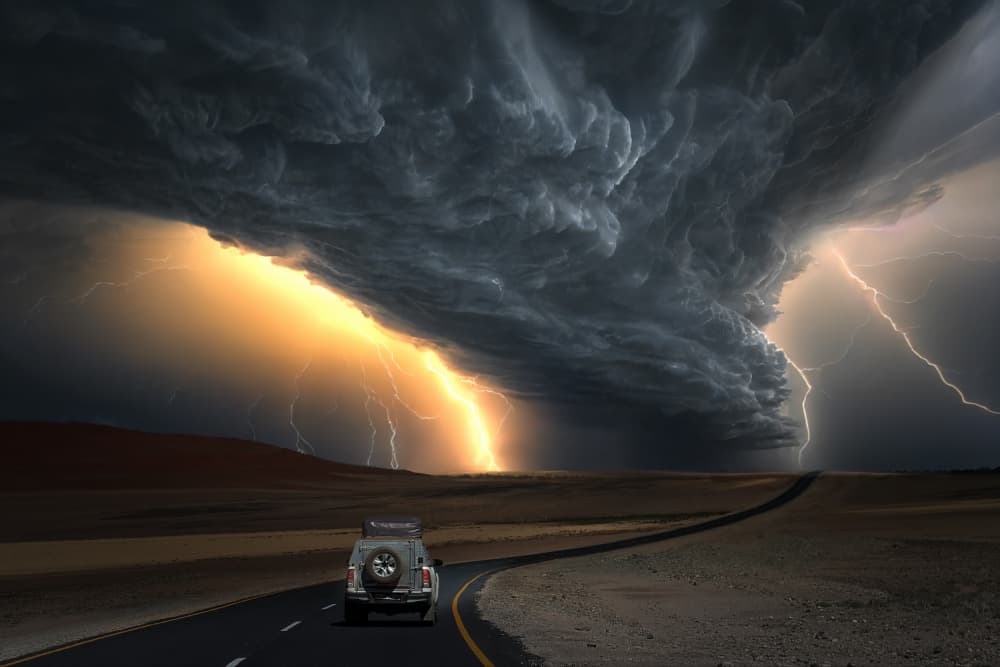 Lightning Over Desert Road by Marcel Egger — canvas wall art