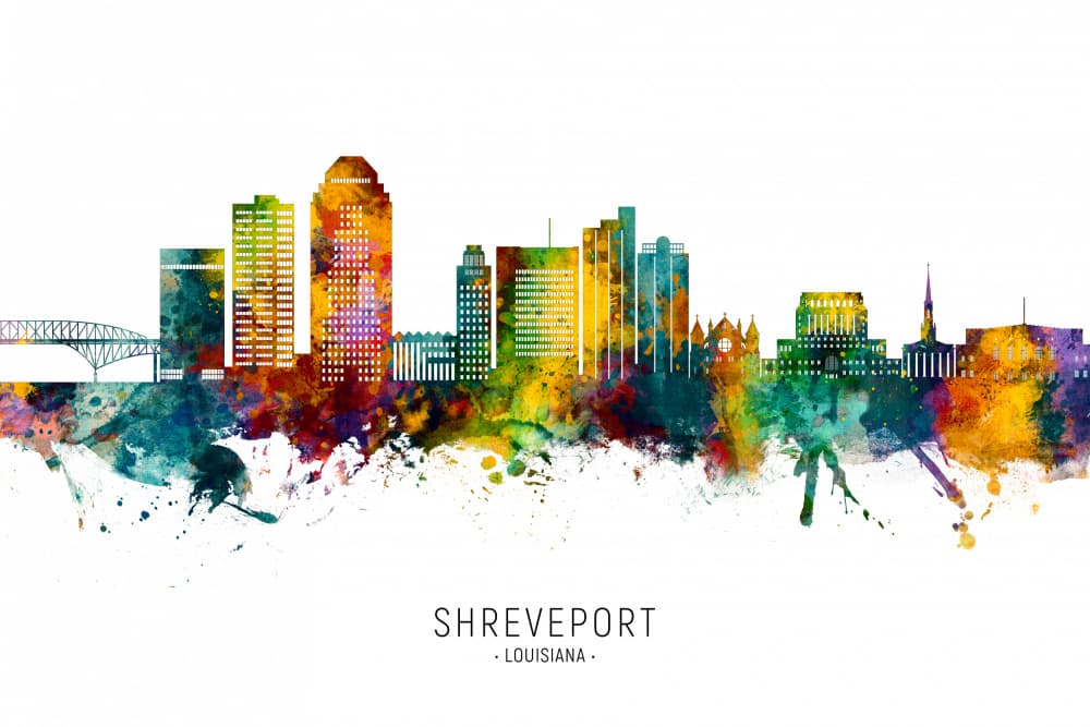 Colorful Shreveport Skyline Watercolor by Michael Tompsett — canvas wall art