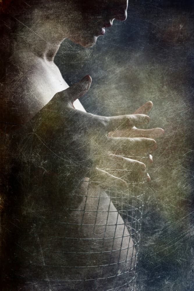 Contemplative Figure Wire Cage by Olga Mest — canvas wall art