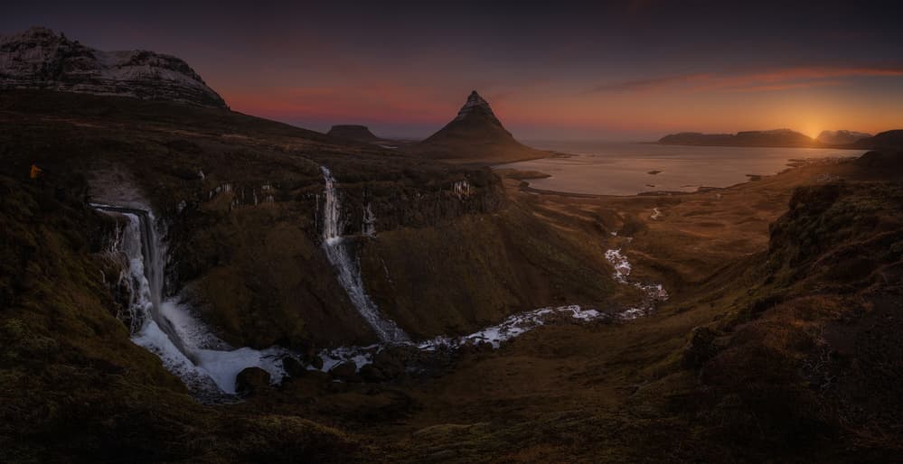 Kirkjufell Sunset Waterfall by David Martin Castan — canvas wall art