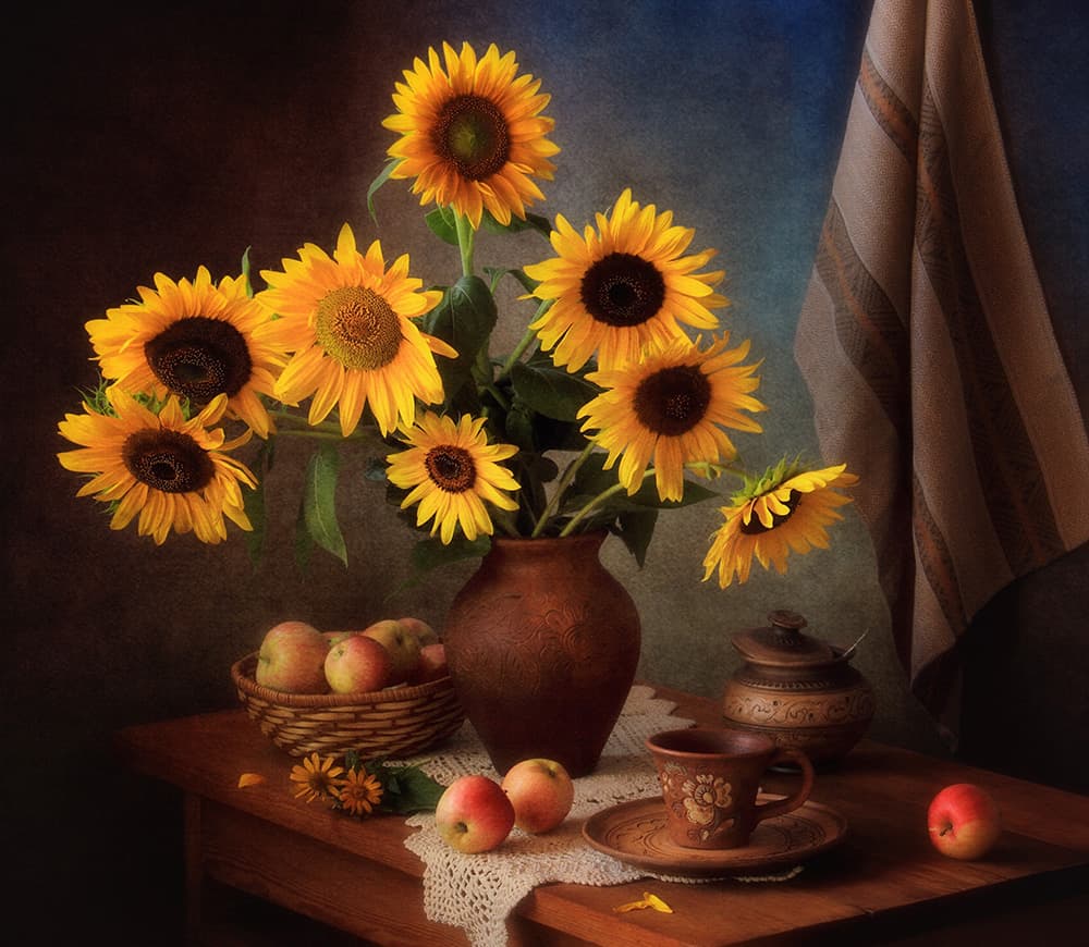 Golden Sunflowers Still Life by Tatyana Skorokhod — canvas wall art