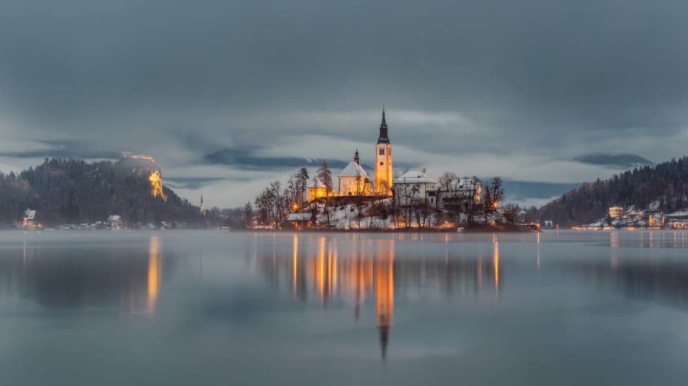Winter Island Church Reflections by Bor — canvas wall art