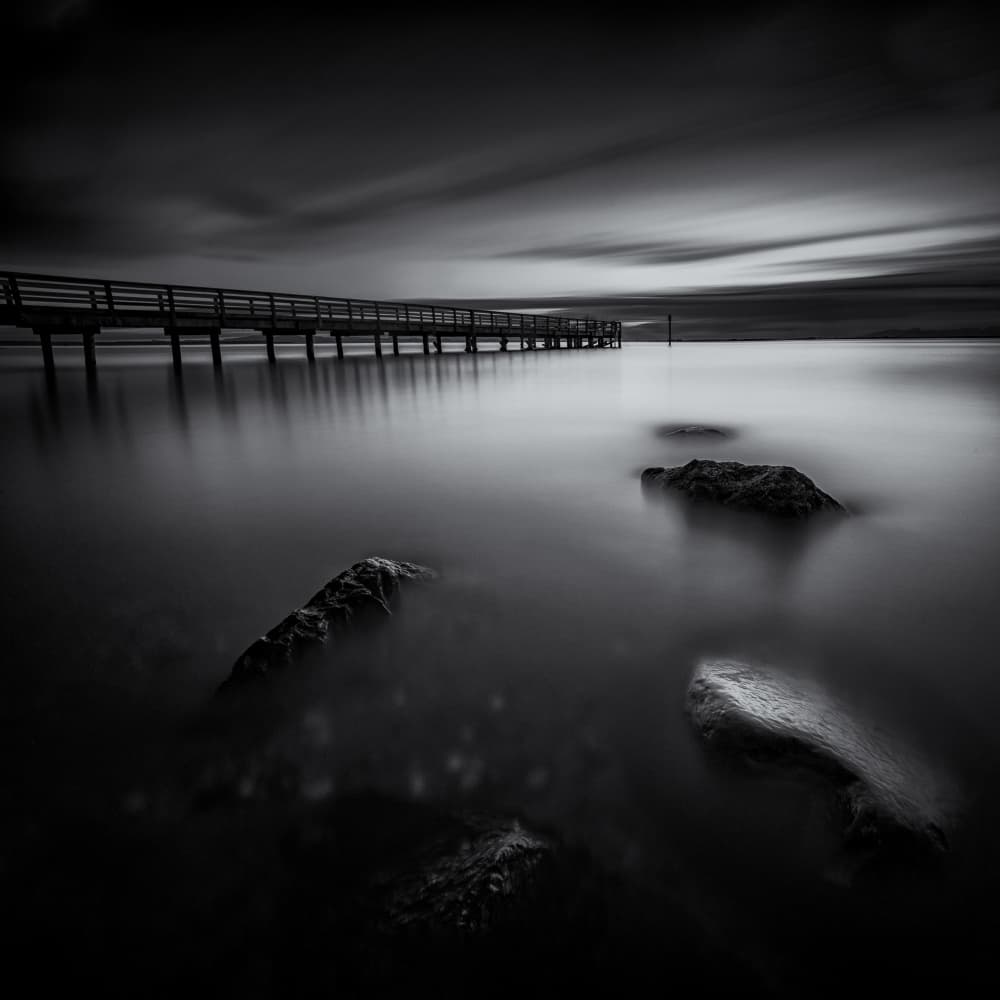 Moody Ocean Pier by Sunny Ding — canvas wall art