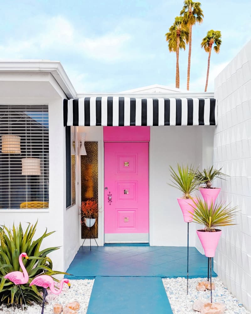 Pink Door with Yard Flamingos by Tom Windeknecht — canvas wall art