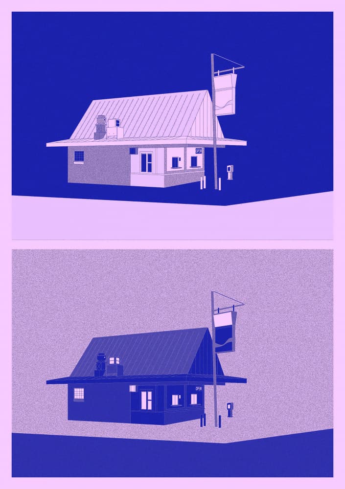 Retro Purple Gas Station by Noa Defesche — canvas wall art