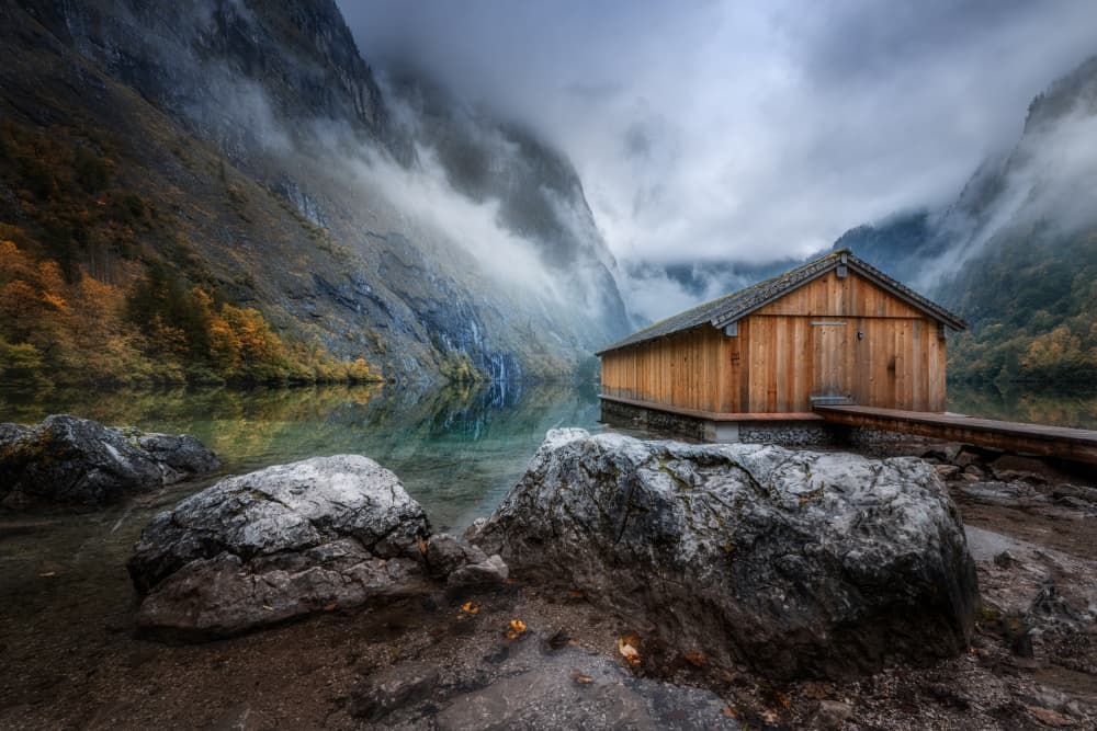 Misty Mountain Boathouse by fotomarion — canvas wall art