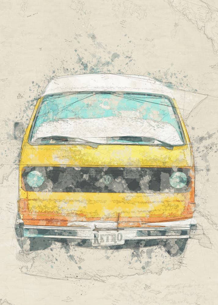Yellow Retro Camper Van by Lembayung senja studio [Vintage Poster] — canvas wall art