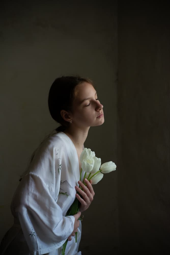 Serene Woman White Tulips by Małgorzata Masarz — canvas wall art