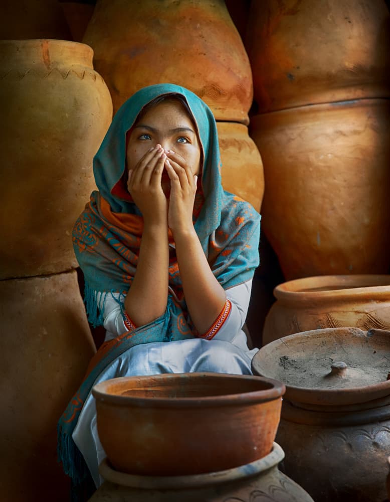Pensive Woman Clay Jars by Angela Muliani Hartojo — canvas wall art