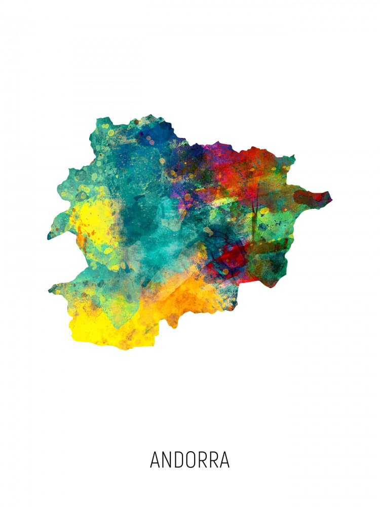 Andorra Watercolor Map by Michael Tompsett — canvas wall art