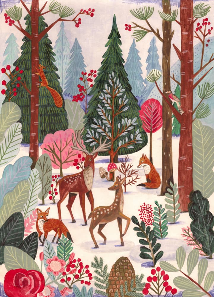 Animals in winter forest Christmas by Caroline Bonne Müller — canvas wall art