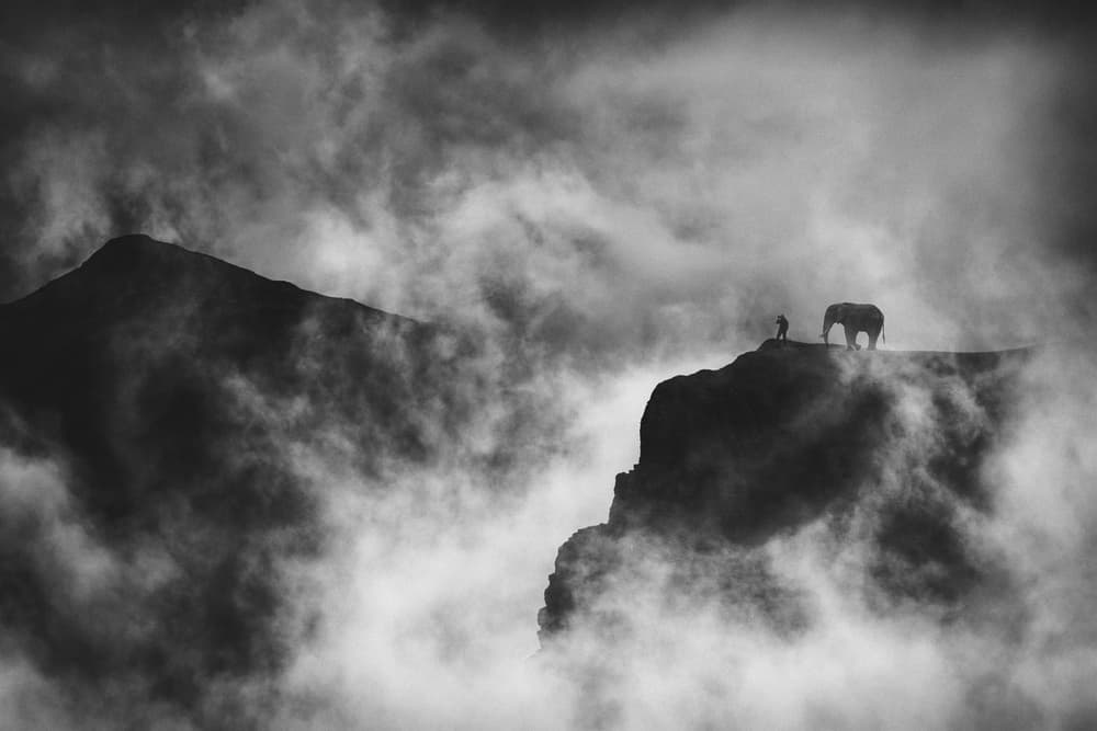 Elephant and Man Above Clouds by Uschi Hermann — canvas wall art