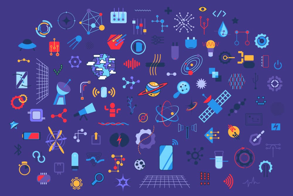 Vibrant Science Tech Icons by Marika Barsrsind — canvas wall art
