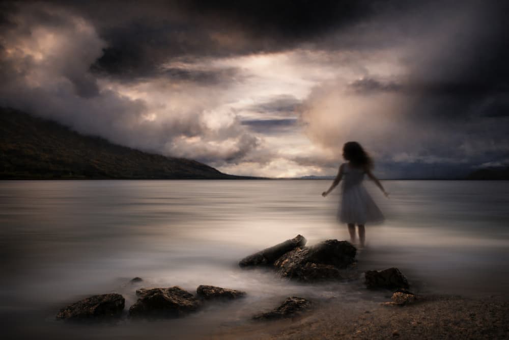 Dreamy Girl Stormy Lake by Yvette Depaepe — canvas wall art