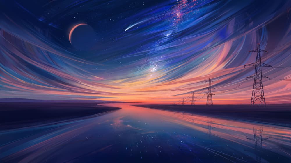 Twilight River Power Lines by Alena Aenami — canvas wall art