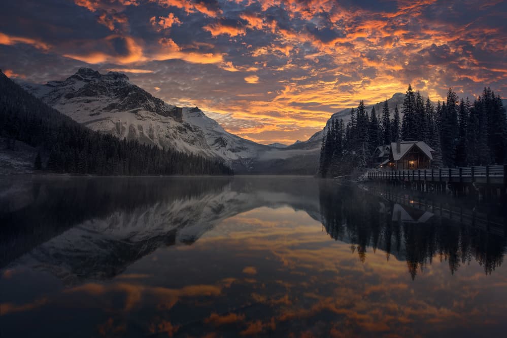 Mountain Lake Cabin Sunset by David Martin Castan — canvas wall art