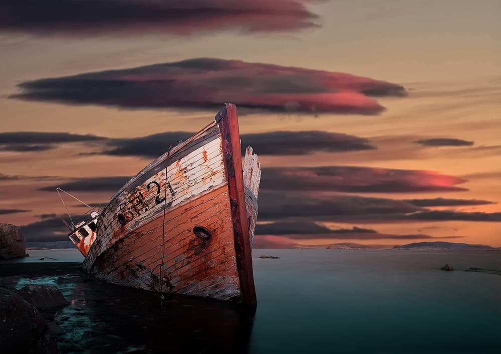 Abandoned Fishing Boat Sunset by Þorsteinn H. Ingibergsson — canvas wall art