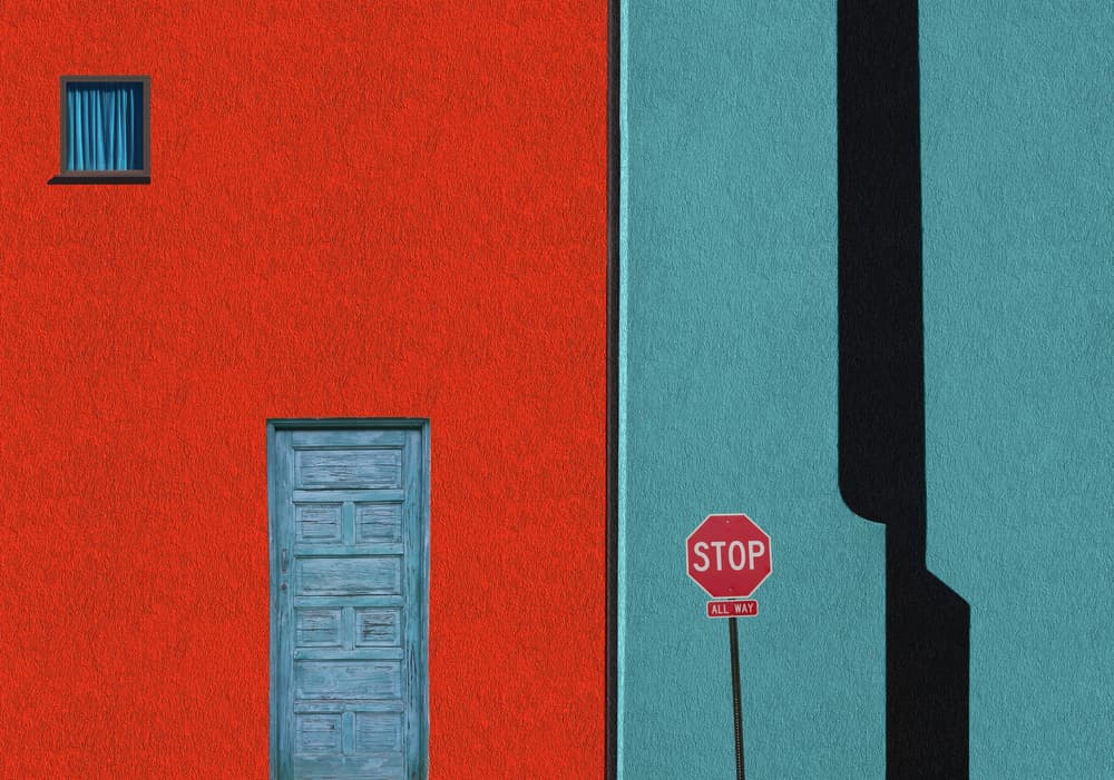 Red Wall Blue Door Stop by Roxana Labagnara — canvas wall art