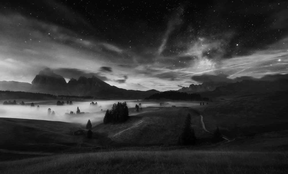 Misty Mountain Starry Night by Ales Krivec — canvas wall art