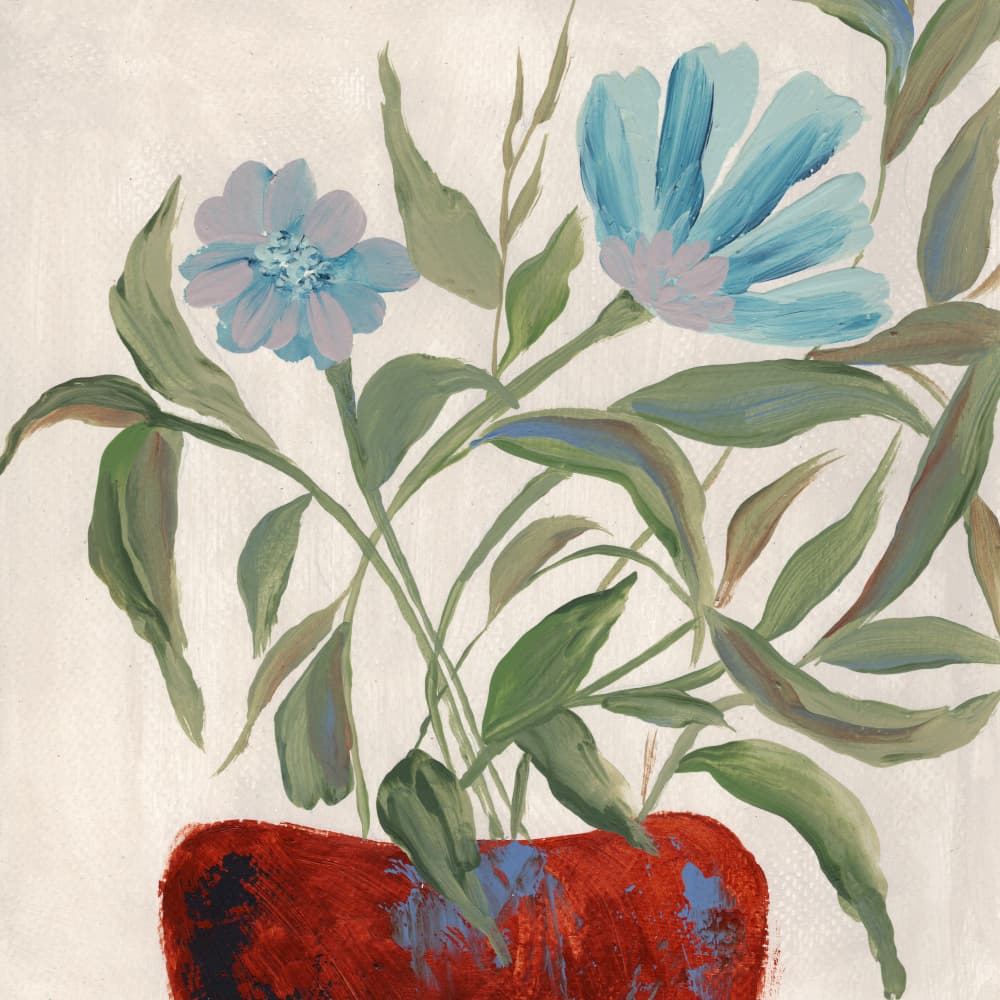 Blue Flowers Red Pot by Nikita Jariwala — canvas wall art