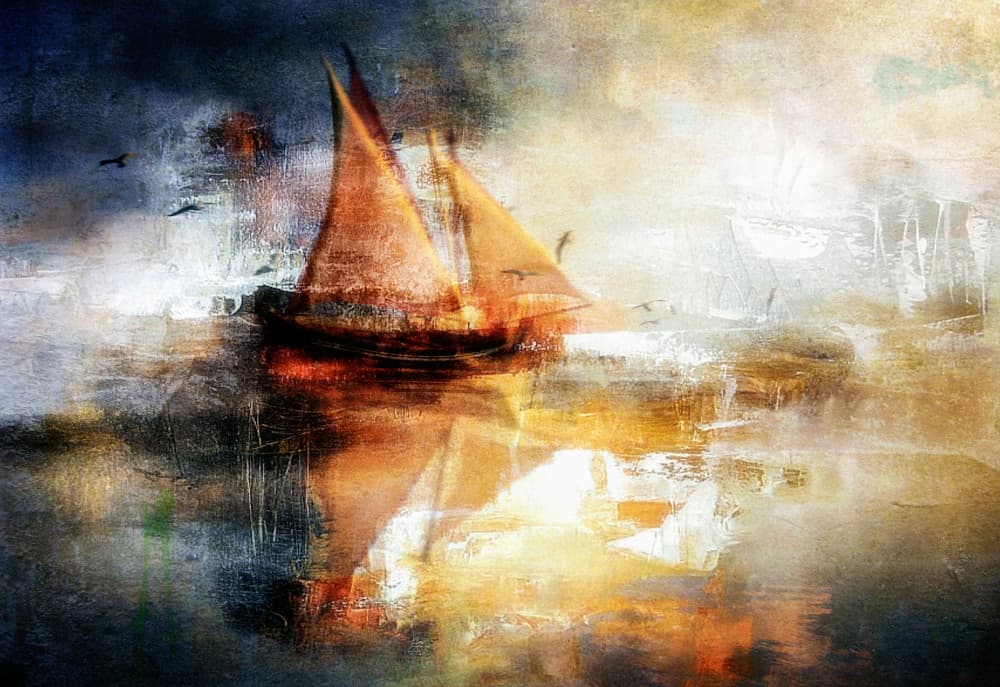 Golden Sailboat Reflection by Charlaine Gerber — canvas wall art