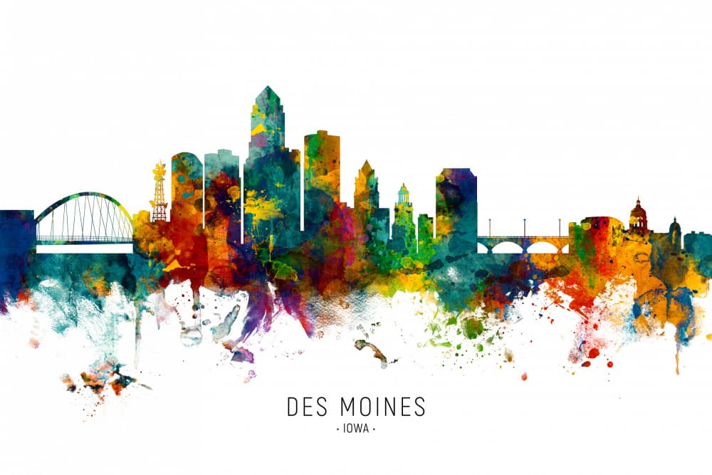 Vibrant Des Moines Skyline by Michael Tompsett — canvas wall art