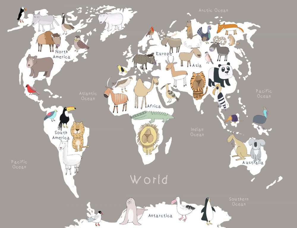 Kids Animal World Map by Carla Daly — canvas wall art
