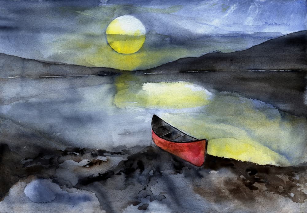 Red Canoe Under Moonlight by RodMacIver — canvas wall art
