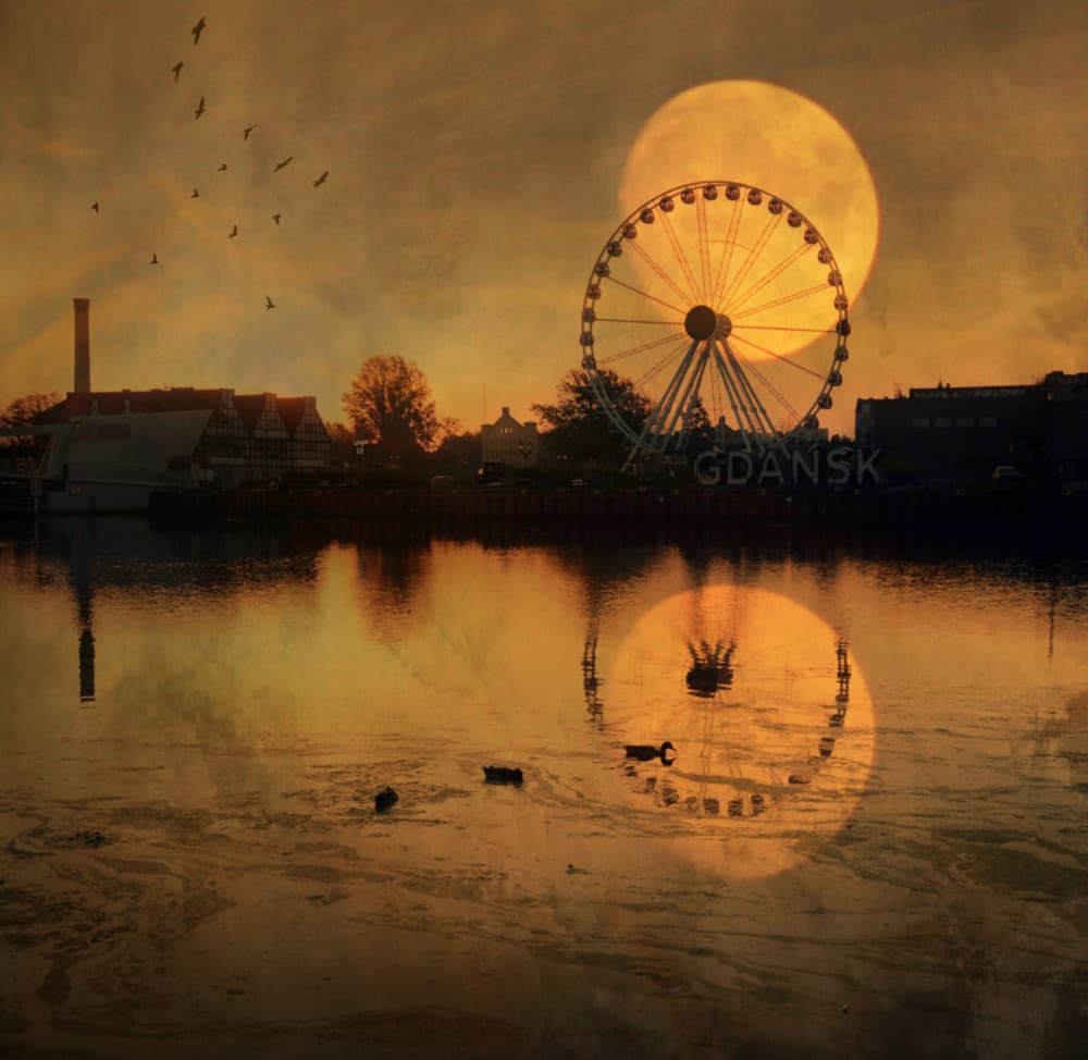 Moonlit Ferris Wheel Reflection by Robert Fabrowski — canvas wall art