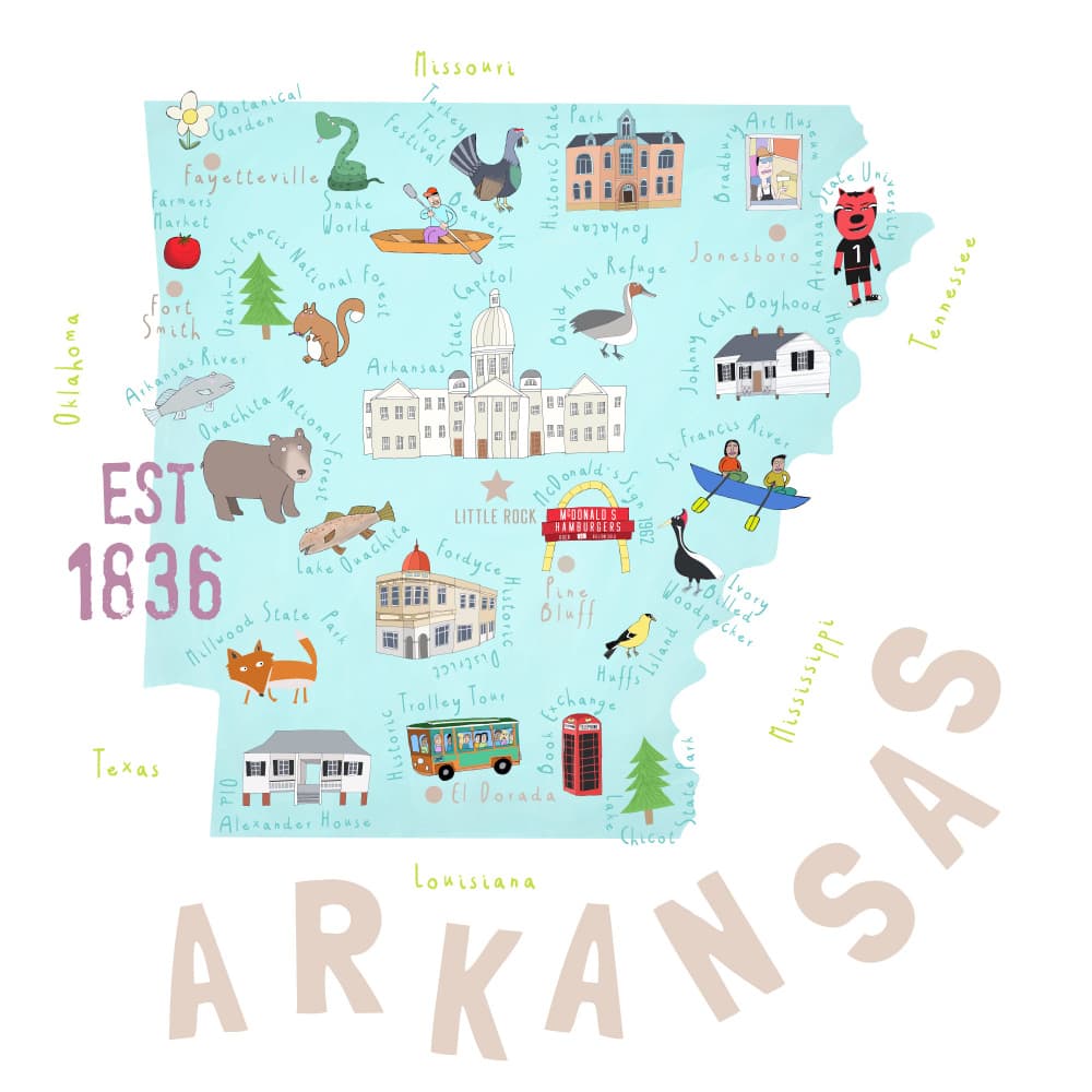 Whimsical Arkansas Map by Carla Daly — canvas wall art