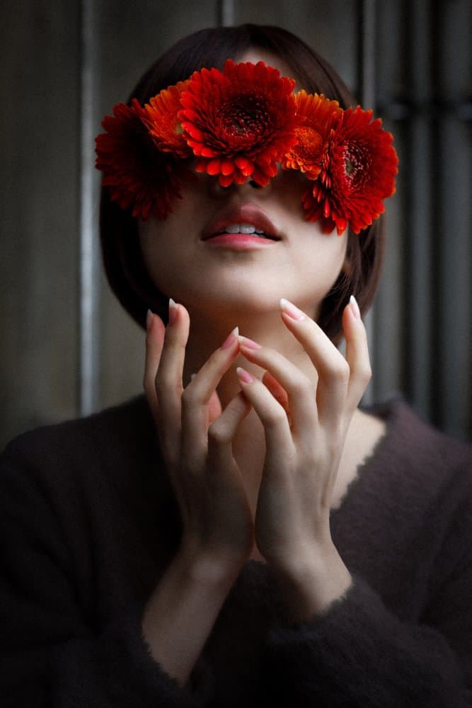 Red Flowers Blindfold Portrait by Suguru Sumimoto — canvas wall art