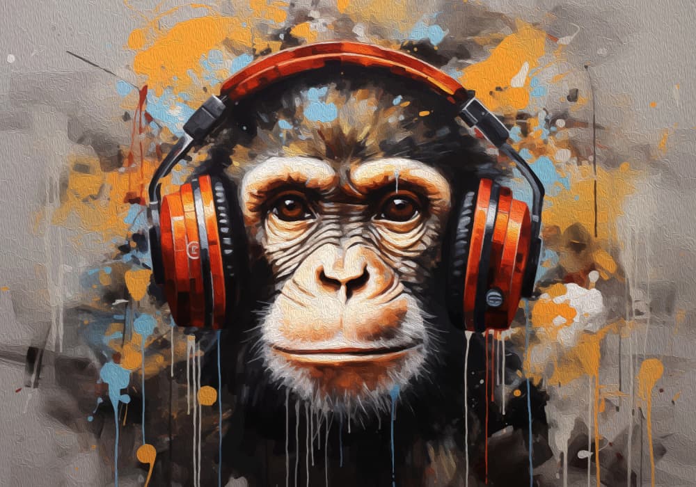 Chimpanzee with Headphones by Andreas Magnusson — canvas wall art