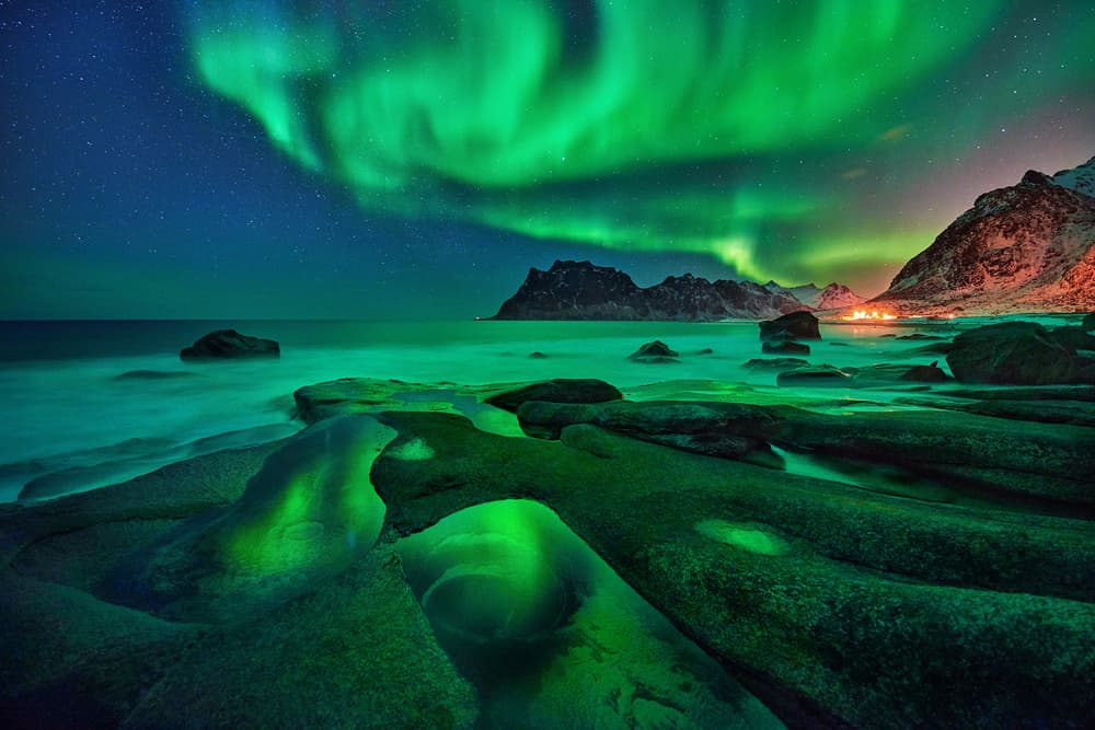 Northern Lights Ocean Shore by Grzegorz Lewandowski — canvas wall art