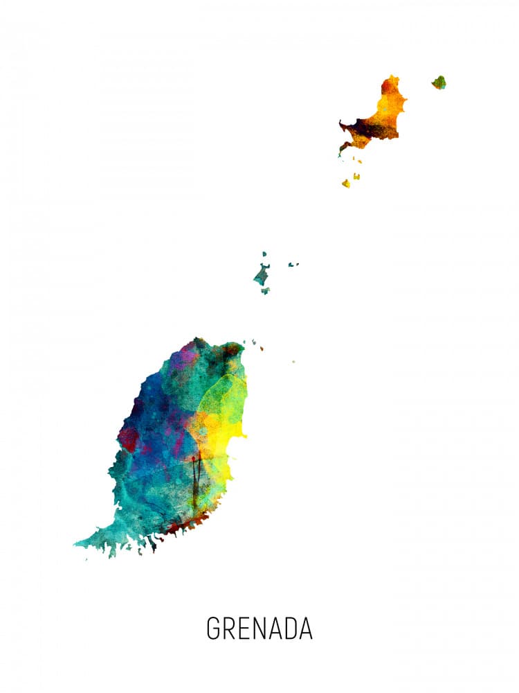Watercolor Grenada Map by Michael Tompsett — canvas wall art