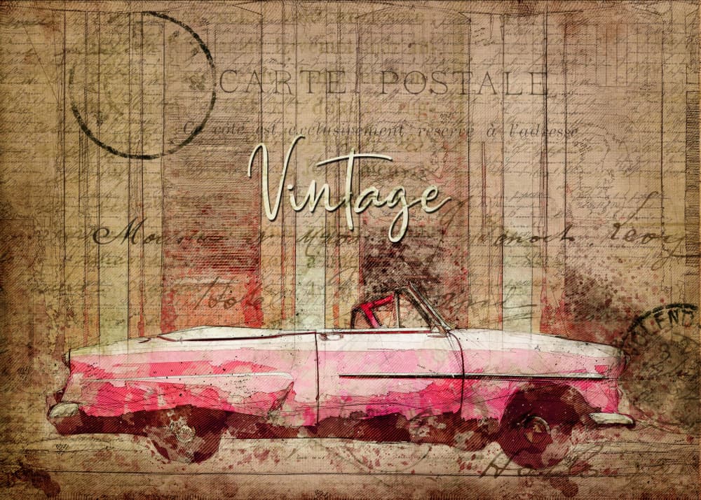 Vintage Pink Car by Lembayung senja studio [Vintage Poster] — canvas wall art