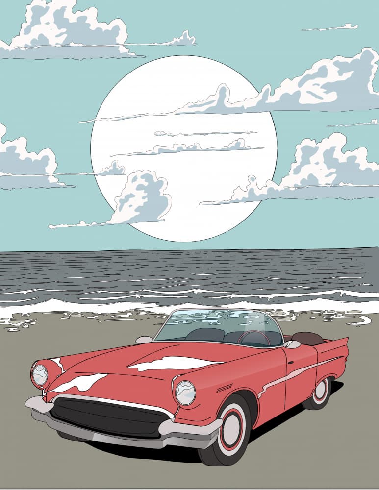 Red Convertible Beach Moon by Nicholas — canvas wall art