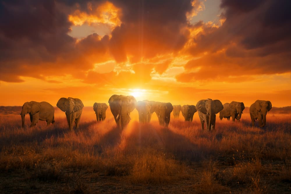Majestic Elephants Sunset by Marcel Egger — canvas wall art
