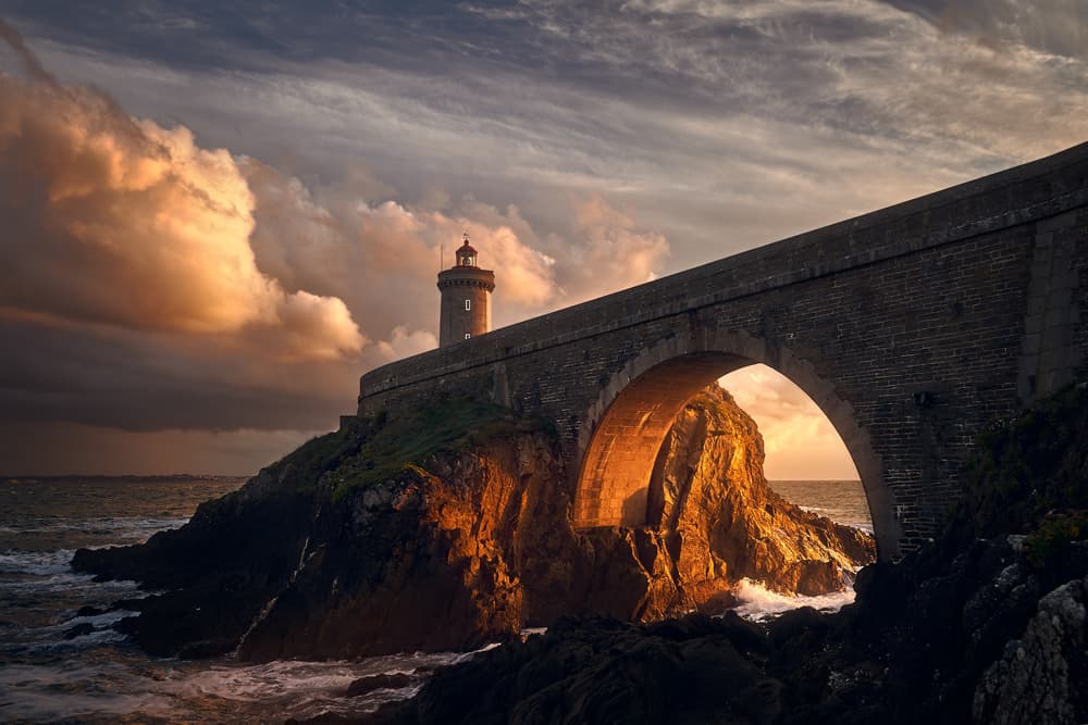 Golden Hour Lighthouse Bridge by Denis — canvas wall art