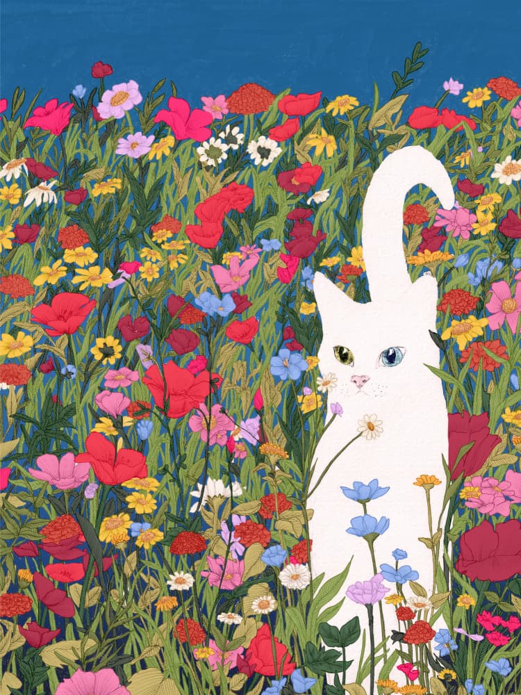 Whimsical Cat in Flowers by EC Mazur — canvas wall art