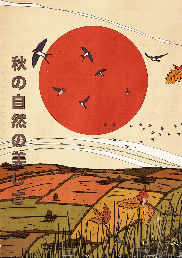 Autumn Swallows Red Sun by Nicholas — canvas wall art