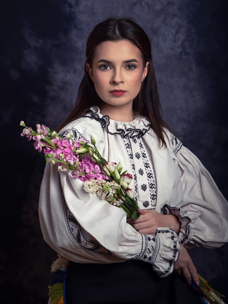 Folk Portrait with Flowers by Mihai Bogdan R — canvas wall art