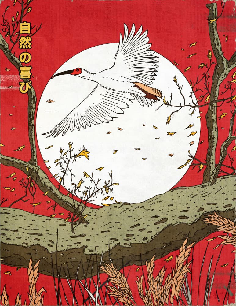 Flying Crane Red Sun by Nicholas — canvas wall art